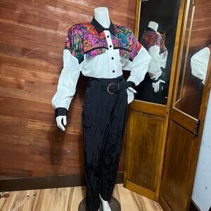 VINTAGE 80s Western Jumpsuit Rodeo Size 12 Batwing Geometric Belted Maximalist